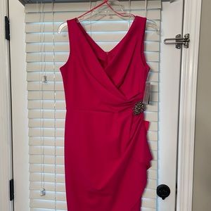 Bright pink evening dress with ruched waist from Alex Evenings. NEW